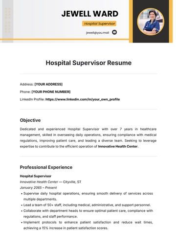Free Hospital Supervisor Resume Template to Edit Online