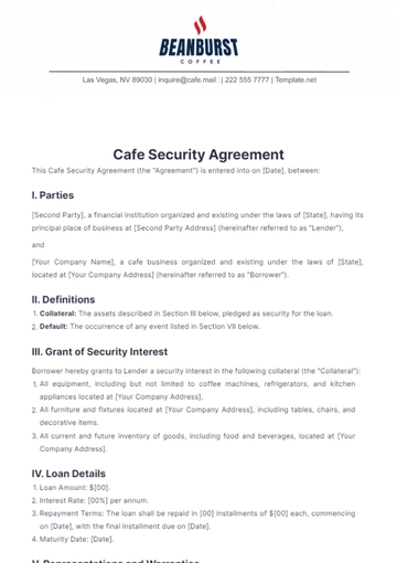 Free Cafe Security Agreement Template to Edit Online