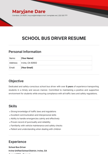 Free School Bus Driver Resume Template to Edit Online