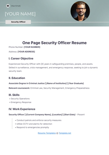 Free One Page Security Officer Resume to Edit Online