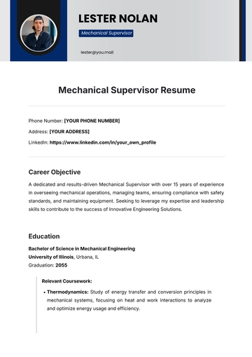 Free Mechanical Supervisor Resume Template to Edit Online