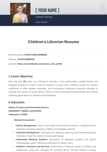Free Children'S Librarian Resume to Edit Online