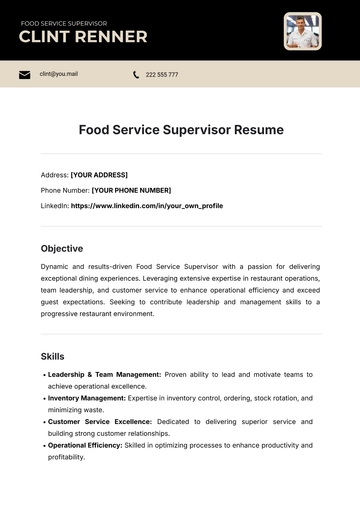 Free Food Service Supervisor Resume Template to Edit Online