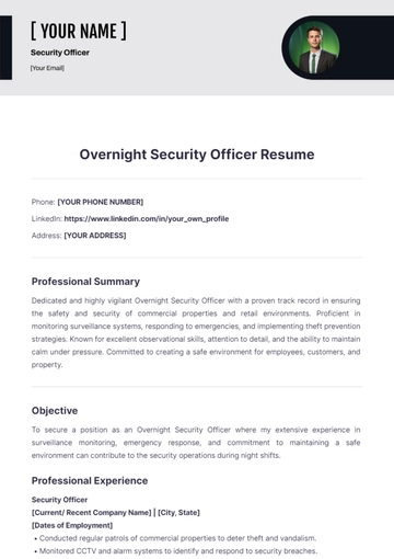 Free Overnight Security Officer Resume to Edit Online