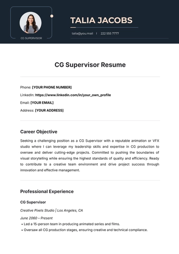 Free CG Supervisor Resume Template to Edit Online