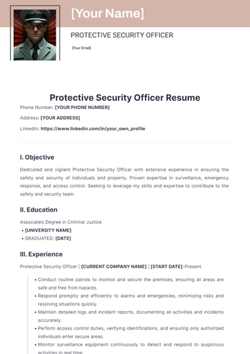 Free Protective Security Officer Resume to Edit Online