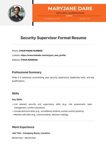 Free Security Supervisor Format Resume Template to Edit Online
