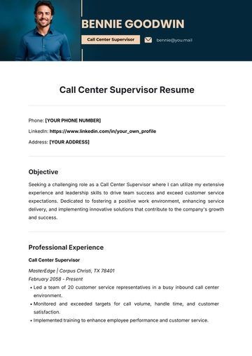 Free Call Center Supervisor Resume Template to Edit Online