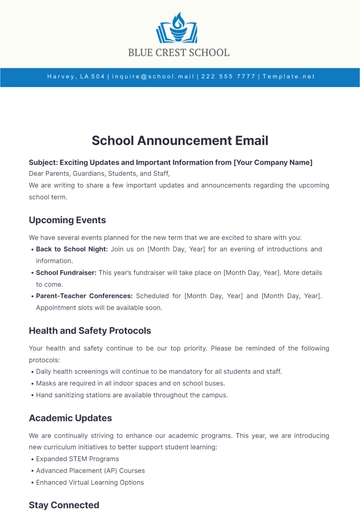 Free School Announcement Email Template to Edit Online