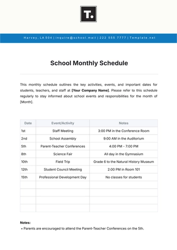 Free School Monthly Schedule Template to Edit Online