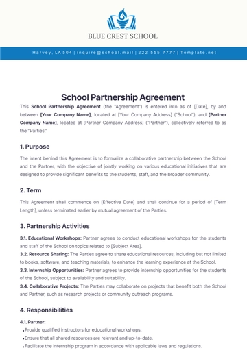 Free School Partnership Agreement Template to Edit Online