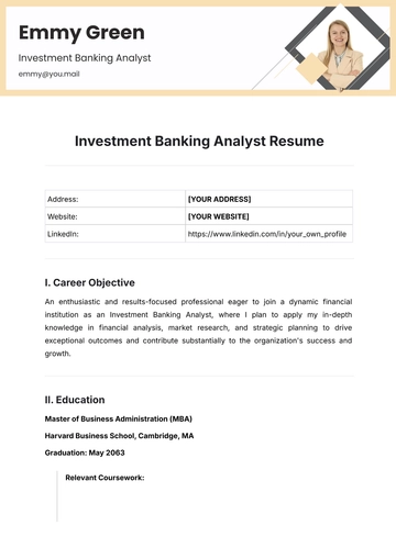 Free Investment Banking Analyst Resume Template to Edit Online