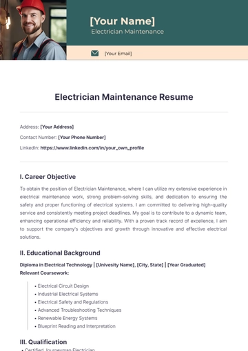 Free Electrician Maintenance Resume to Edit Online