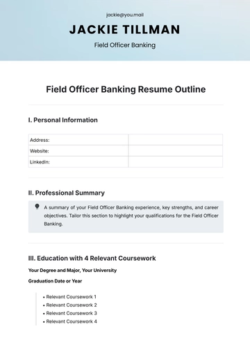 Free Field Officer Banking Resume Outline Template to Edit Online