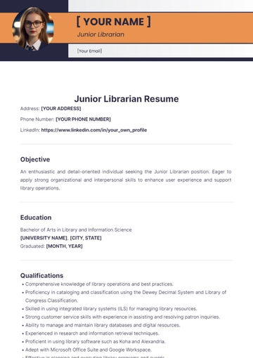Free Junior Librarian Resume to Edit Online