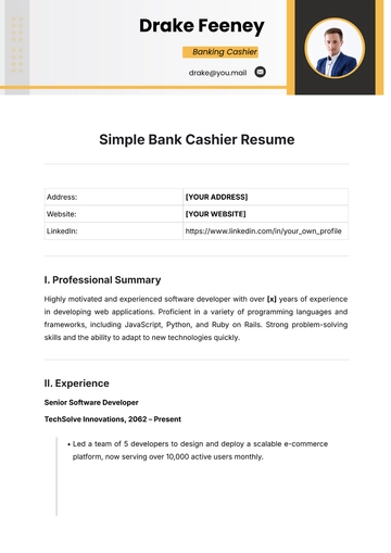 Free Simple Bank Cashier Resume Template to Edit Online