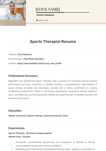 Free Sports Therapist Resume to Edit Online