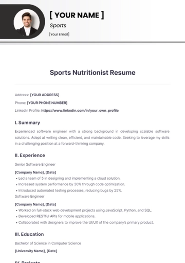 Free Sports Nutritionist Resume to Edit Online