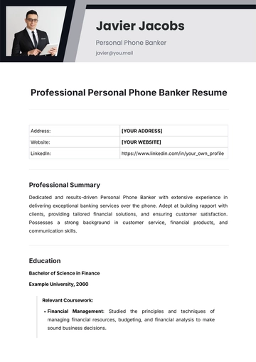 Free Professional Personal Phone Banker Resume Template to Edit Online