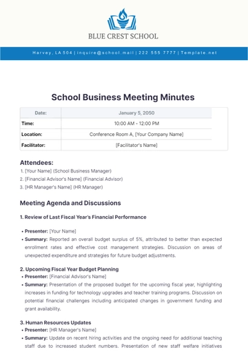 Free School Business Meeting Minutes Template to Edit Online