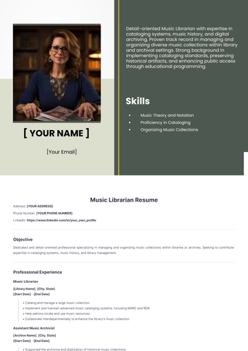Free Music Librarian Resume to Edit Online
