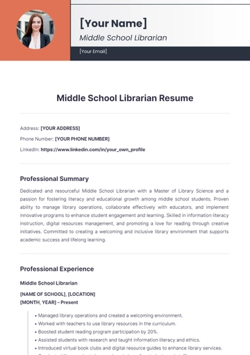 Free Middle School Librarian Resume to Edit Online