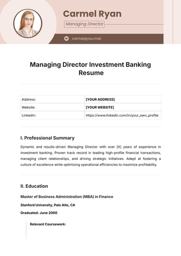 Free Managing Director Investment Banking Resume Template to Edit Online