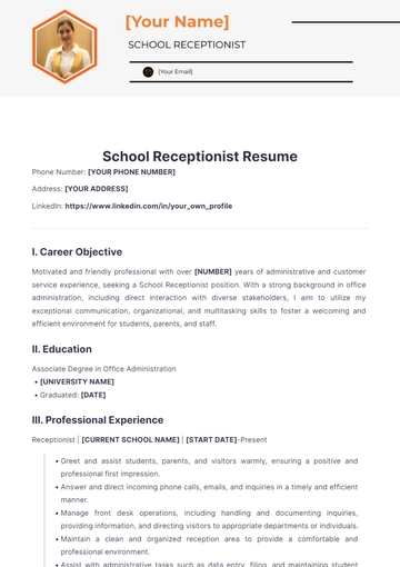Free School Receptionist Resume to Edit Online