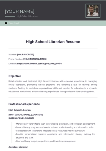 Free High School Librarian Resume to Edit Online