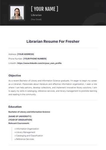 Free Librarian Resume For Fresher to Edit Online