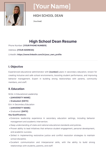 Free High School Dean Resume to Edit Online