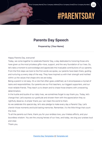 Free Parents Day Speech Template to Edit Online