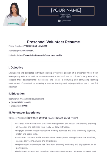 Free Preschool Volunteer Resume to Edit Online