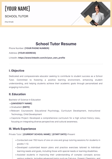 Free School Tutor Resume to Edit Online