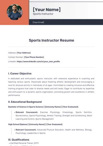 Free Sports Instructor Resume to Edit Online