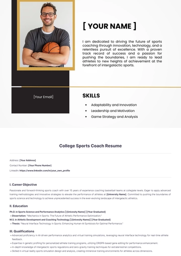 Free College Sports Coach Resume to Edit Online