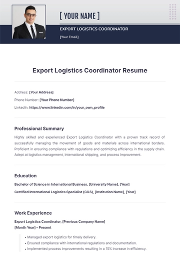 Free Export Logistics Coordinator Resume to Edit Online