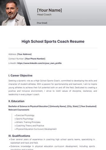 Free High School Sports Coach Resume to Edit Online