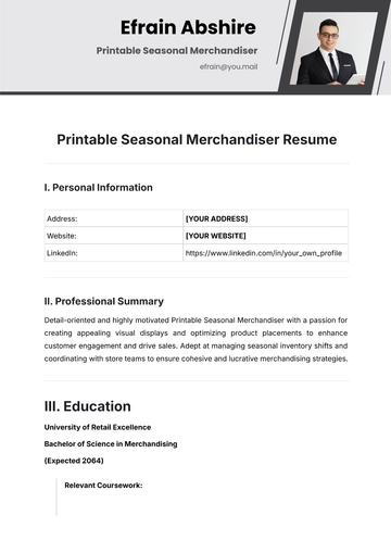 Free Printable Seasonal Merchandiser Resume Template to Edit Online
