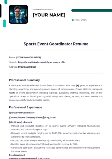 Free Sport Event Coordinator Resume to Edit Online