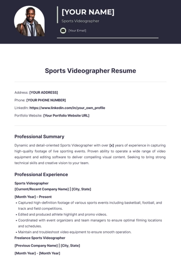 Free Sports Videographer Resume to Edit Online