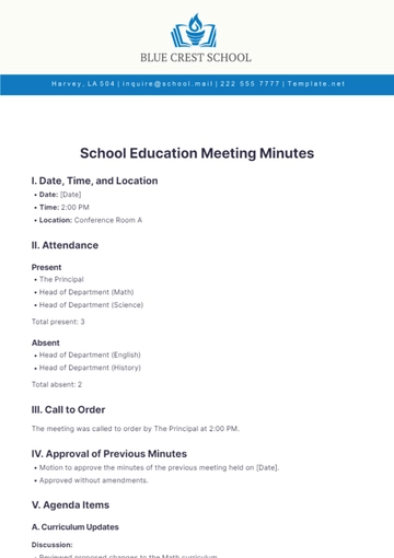 Free School Education Meeting Minutes Template to Edit Online