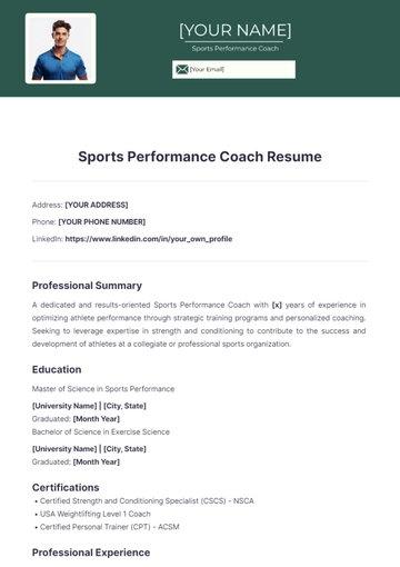 Free Sports Performance Coach Resume to Edit Online