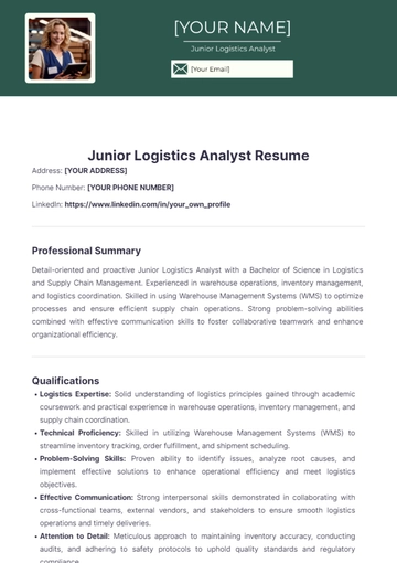 Free Junior Logistics Analyst Resume to Edit Online