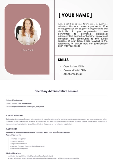 Free Secretary Administrative Resume to Edit Online