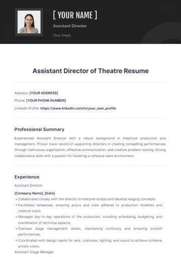 Free Assistant Director of Theatre Resume to Edit Online