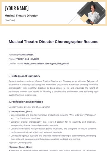 Free Musical Theatre Director Choreographer Resume to Edit Online