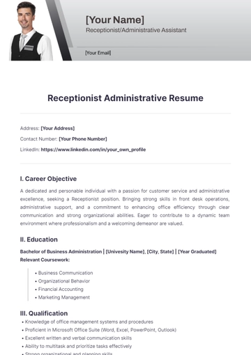 Free Receptionist Administrative Resume to Edit Online