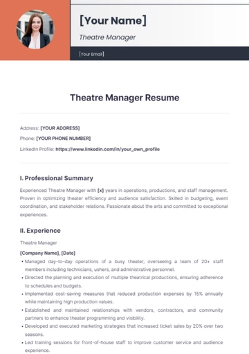 Free Theatre Manager Resume to Edit Online