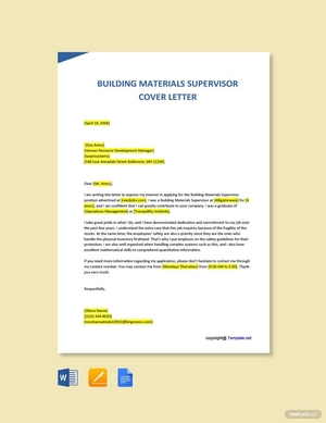 Building Materials Supervisor Cover Letter